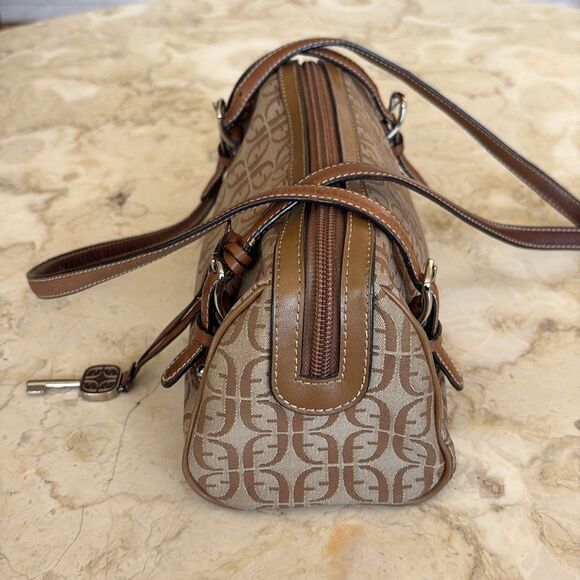 Fossil Khaki Beige Signature Canvas Brown Leather Small Satchel Shoulder Bag - Picture 8 of 16